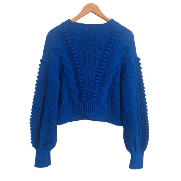 By Anthropologie Sweaters - Anthropologie Indigo Blue Sweater Size M Cable Knit Crop Balloon Sleeve Warm EUC
